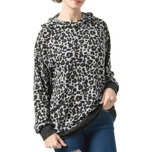 Long Sleeve Hooded Leopard Print Hoodie w/Pockets